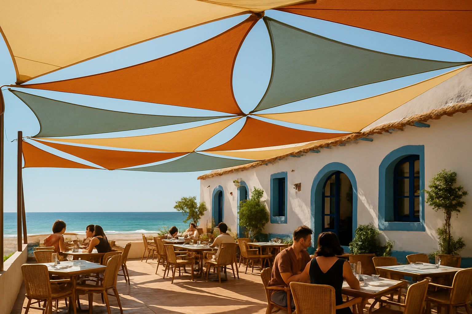 triangular shade sails covering a mediterranean restaurant near the beach with a beautiful sunshine